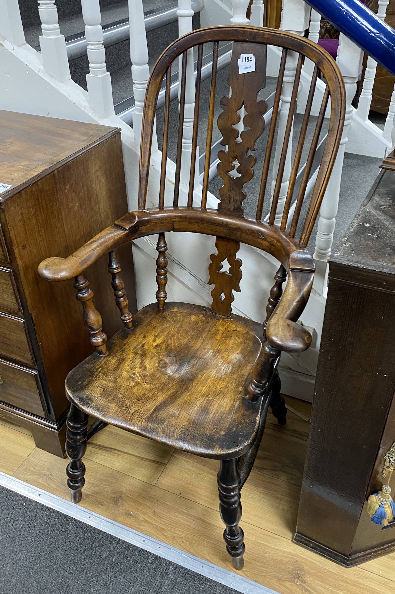 A 19th century Yorkshire area yew and elm Windsor armchair, width 64cm, depth 47cm, height 114cm